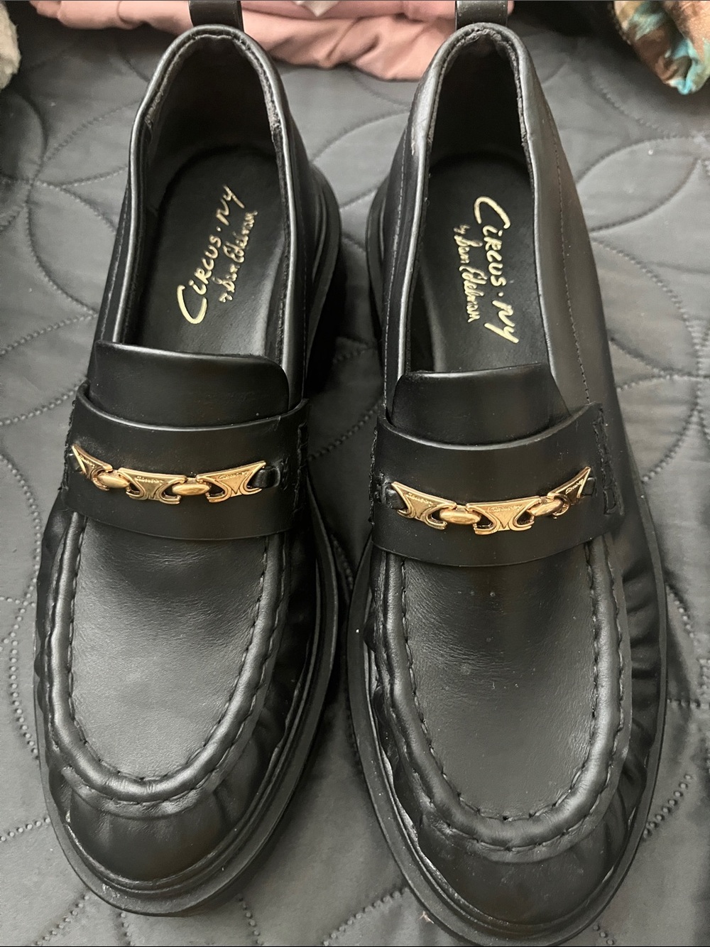 Circus by Sam Edelman Men’s Black Leather Loafers with Gold Chain Accent